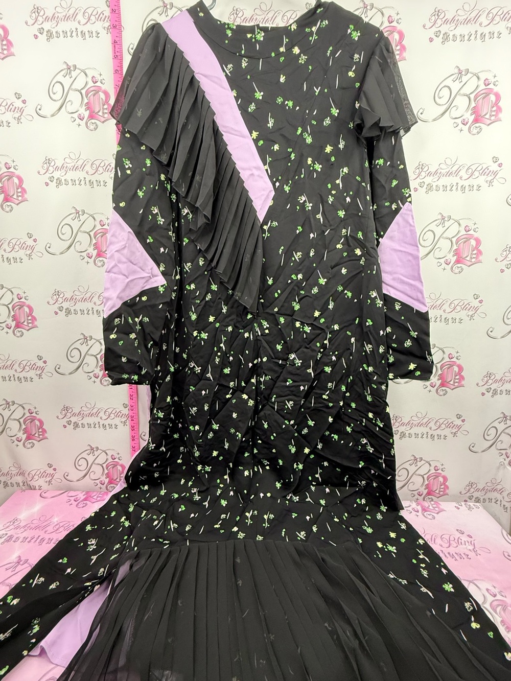 ASOS dress long Black Dress with Lavender Panels and Green Floral Print
